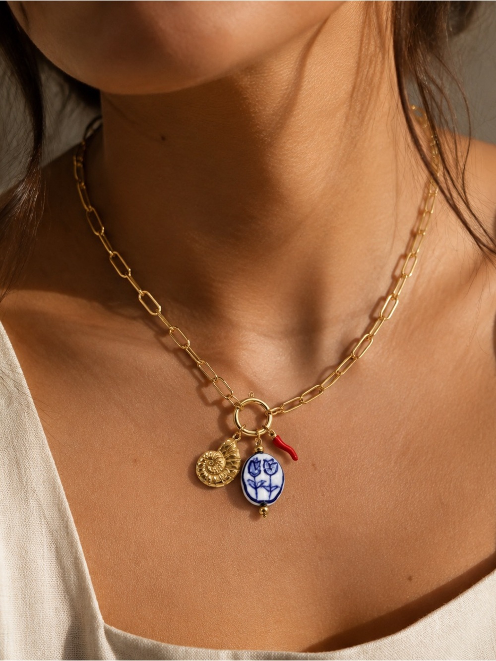 Gold Tone Ceramic Tulip and Sun Charm Paperclip Chain Necklace